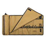 Beige tool roll with black trim and visible brand logo on a white background