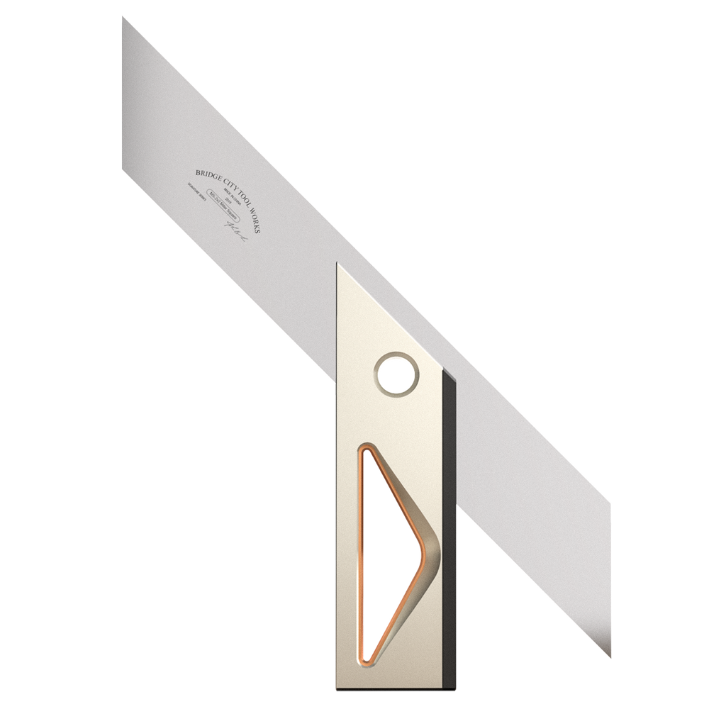 A precision miter square, with stainless steel blades and anodized aluminum handles, used for accurate woodworking and marking.